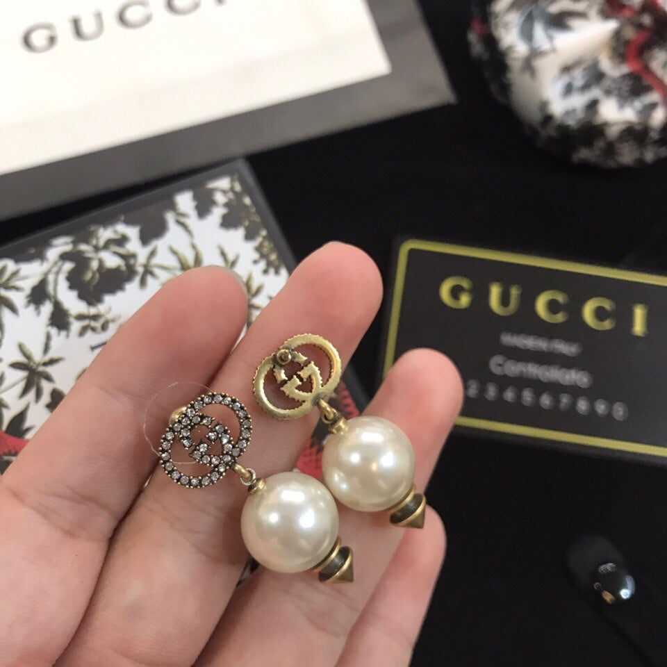 18K Double Gucci Pearl Pendant Earrings
