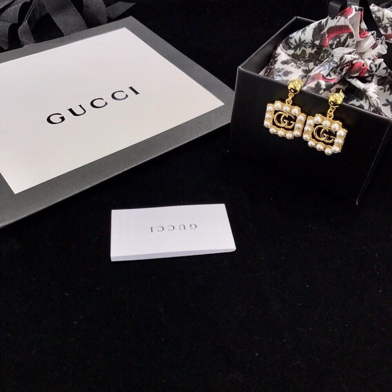 18K Double Gucci Square Pearl Earrings