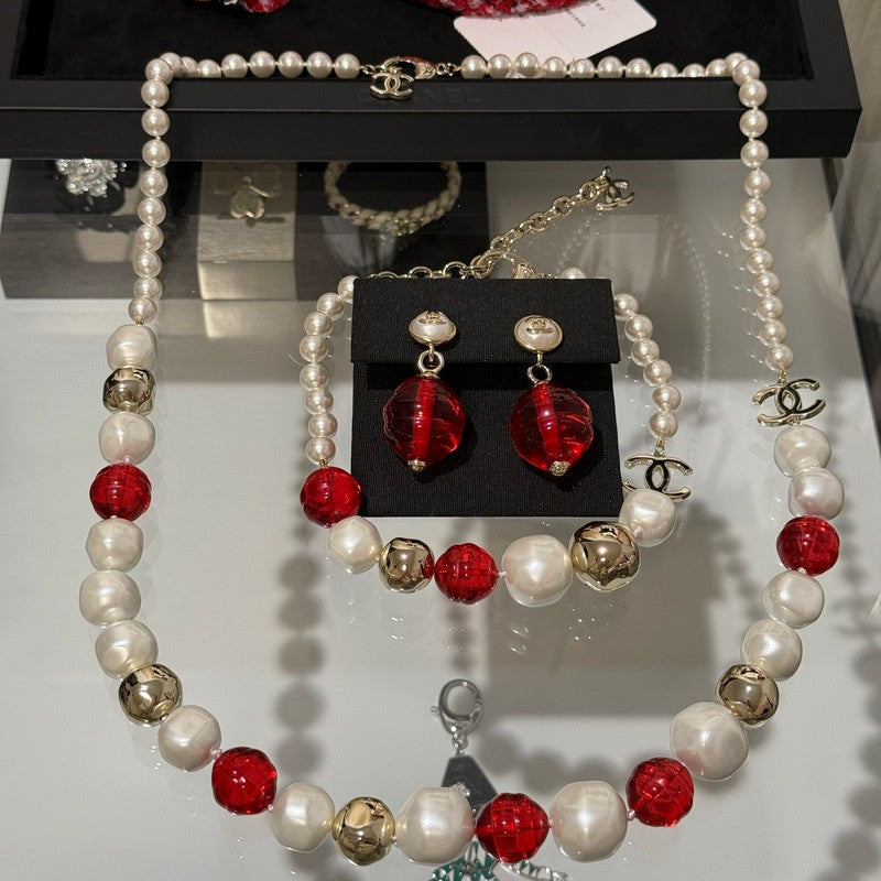 18K  Chanel Red Crystal Pearl Choker Necklace