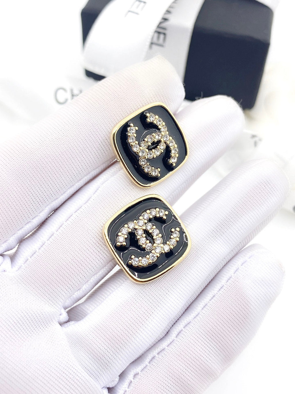 18K  Chanel Square Resin Diamond Earrings