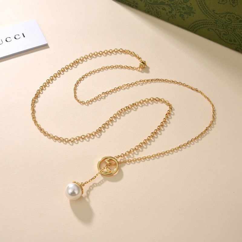 18K Double Gucci Blondie Pearl Drop Necklace