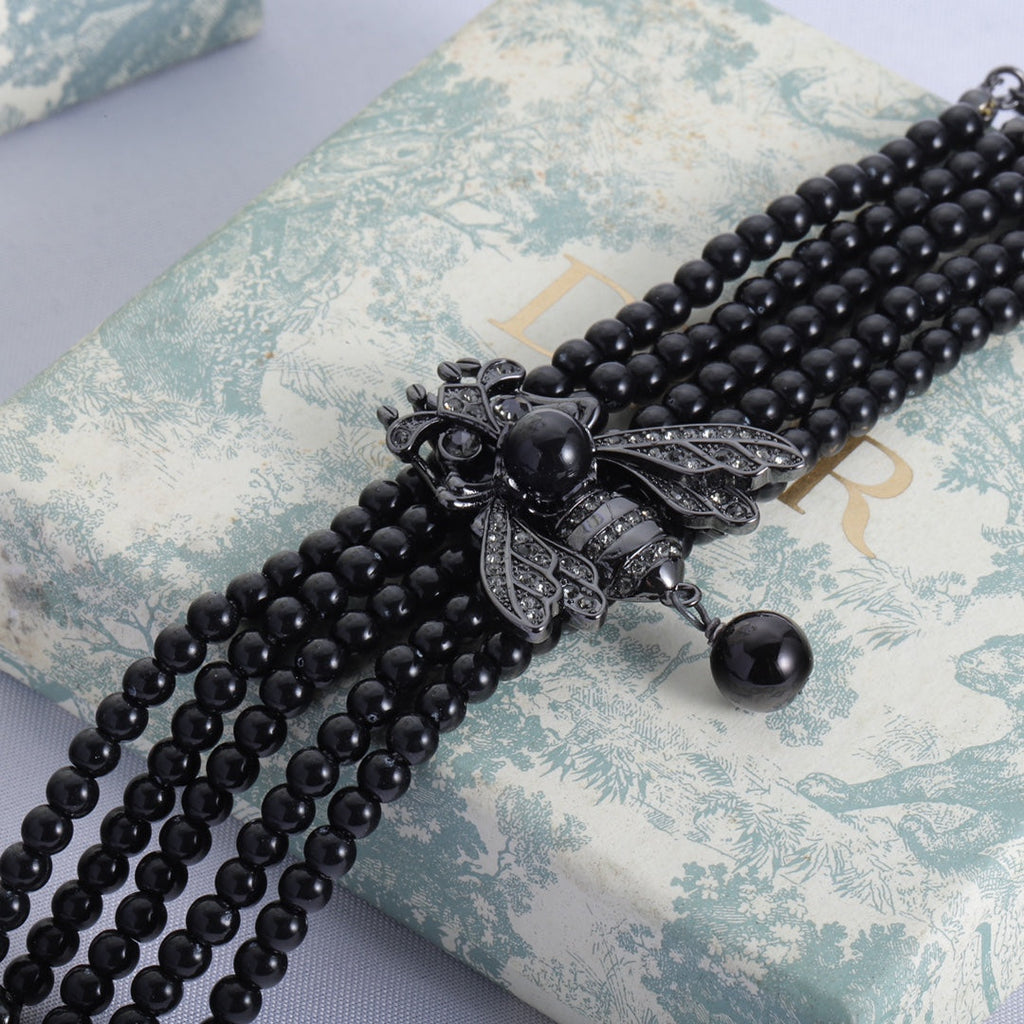 18K Dior Bee Black Pearls Chain Necklace