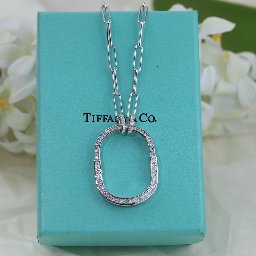 18K Tiffany Lock Pendant Pave Diamonds Necklace