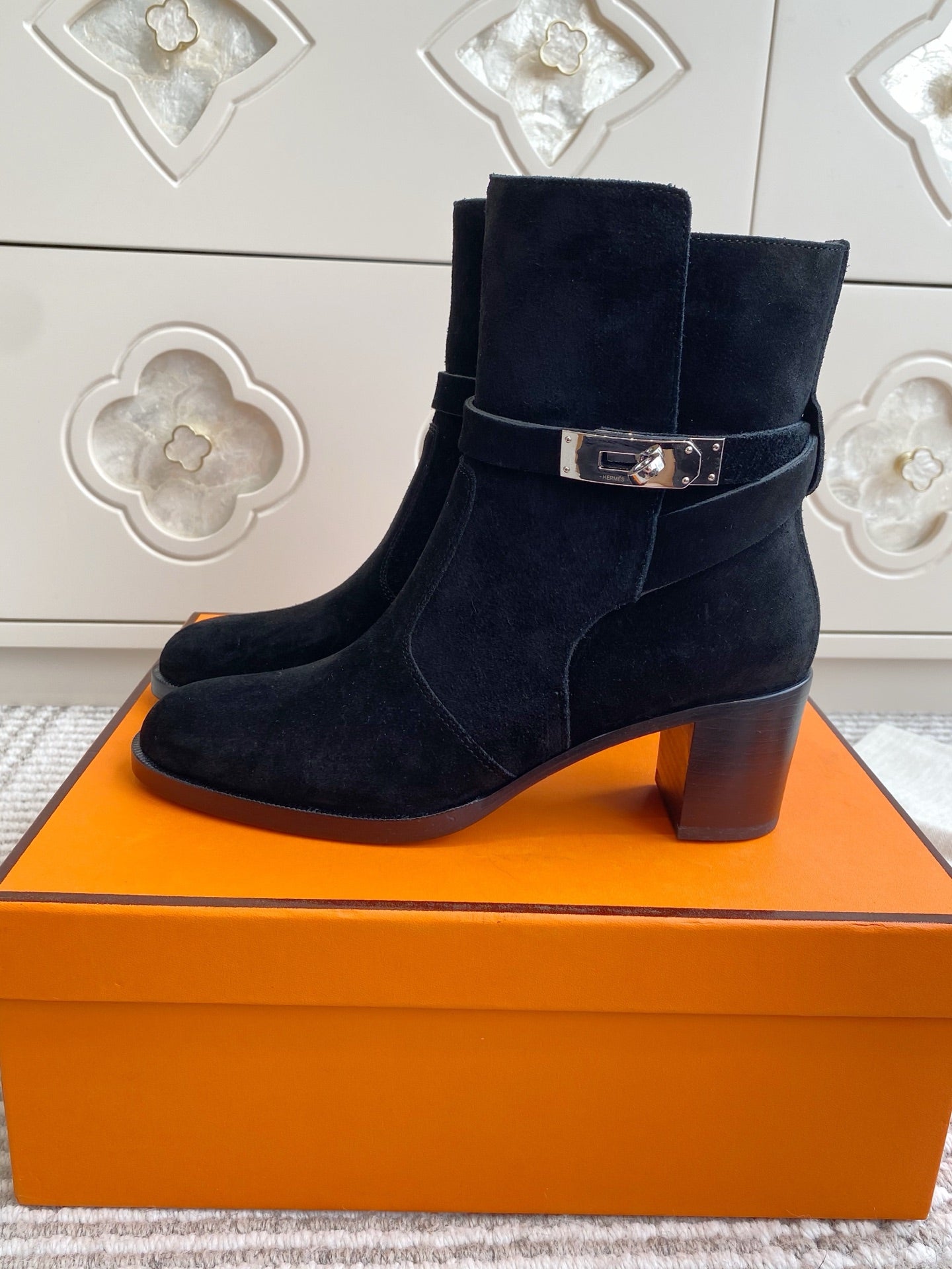 HERMES 25S FRENCHIE 50 ANKLE BOOT 50 MM IN BLACK SUEDE WITH SILVER HARDWARE