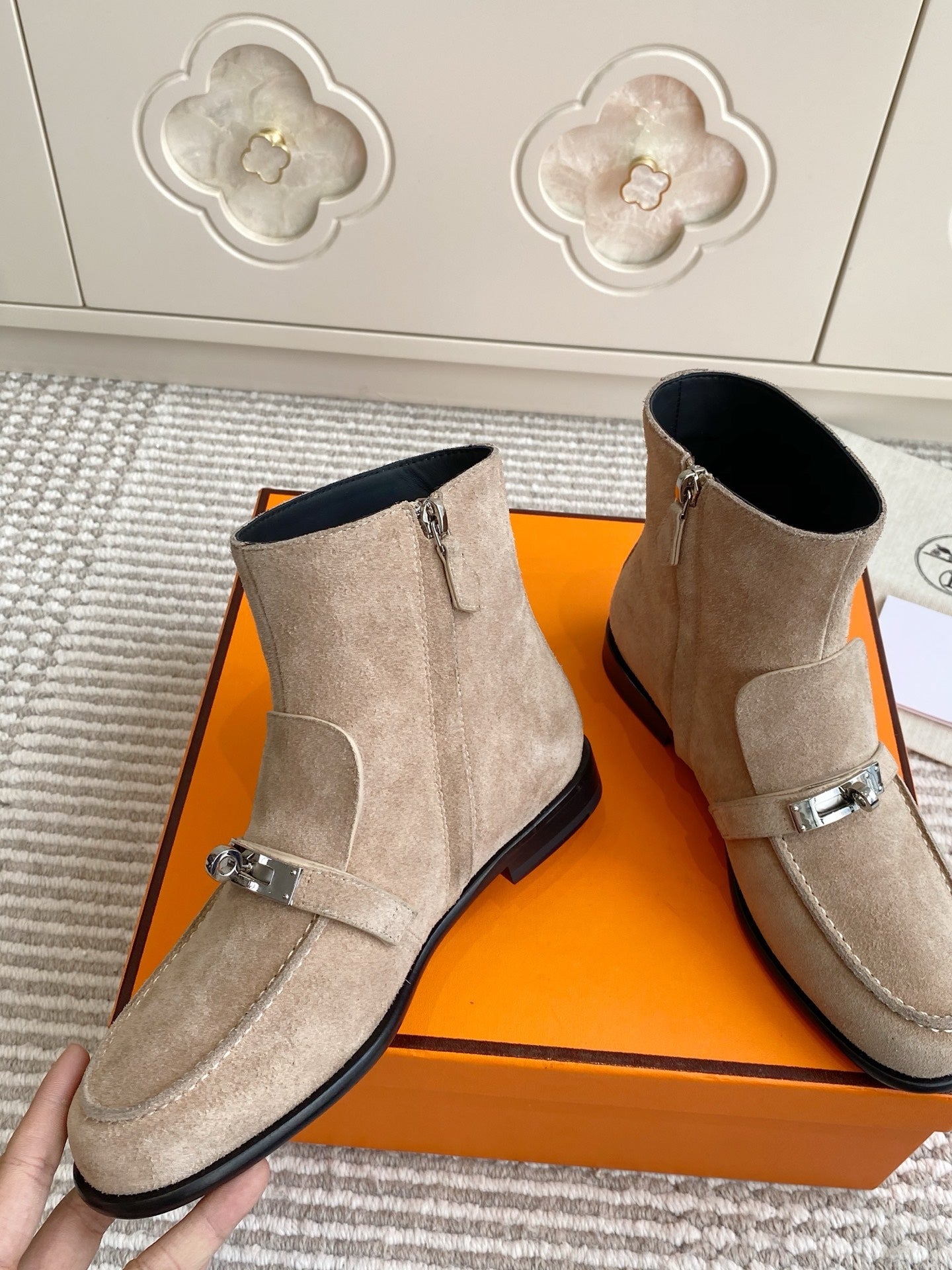 HERMES 25S KELSY ANKLE BOOT IN EARTHY BROWN-GRAY SUEDE WITH SILVER HARDWARE
