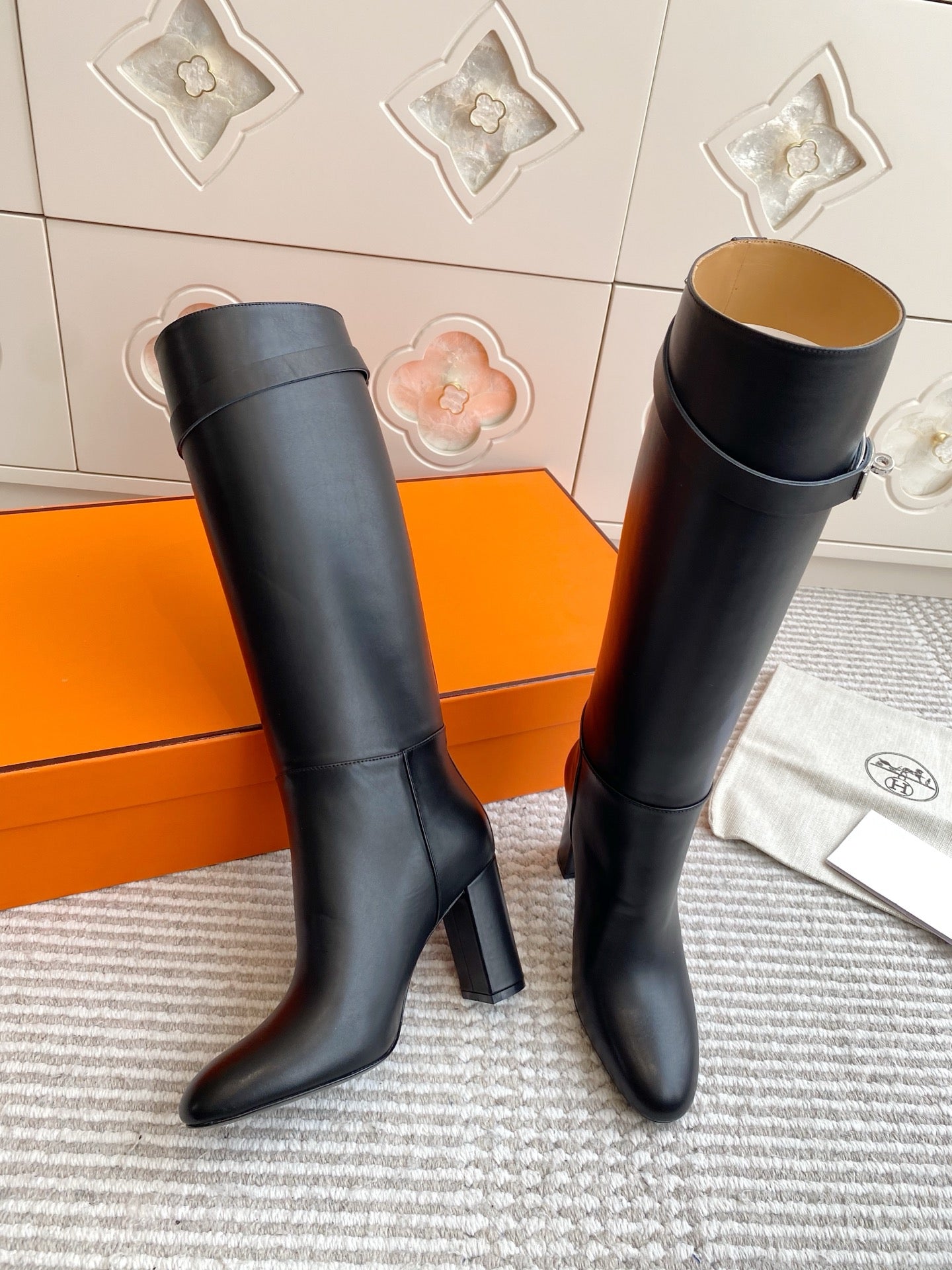HERMES 25S TALL BOOTS 90 MM IN BLACK LAMBSKIN WITH SILVER HARDWARE