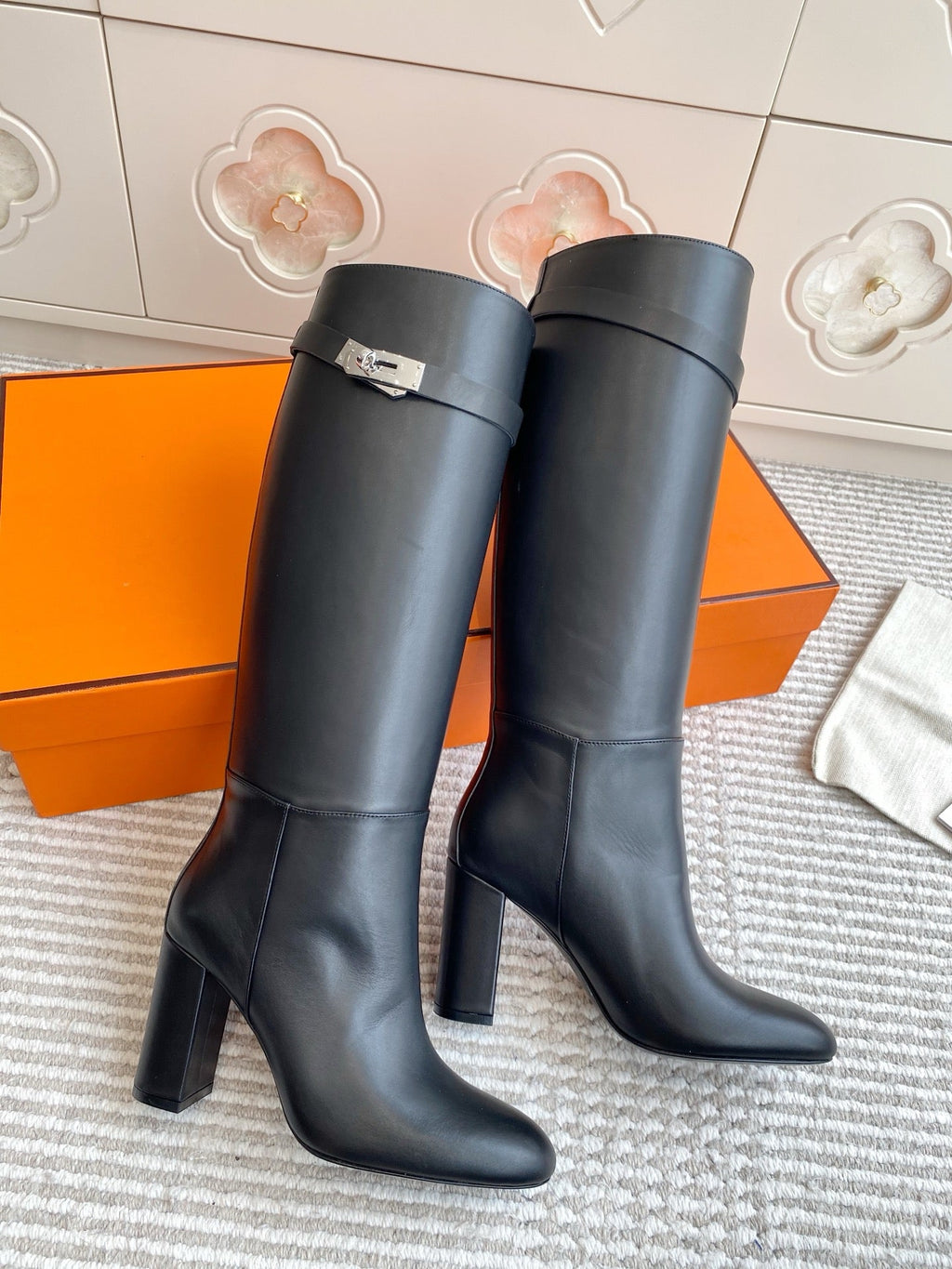 HERMES 25S TALL BOOTS 90 MM IN BLACK LAMBSKIN WITH SILVER HARDWARE