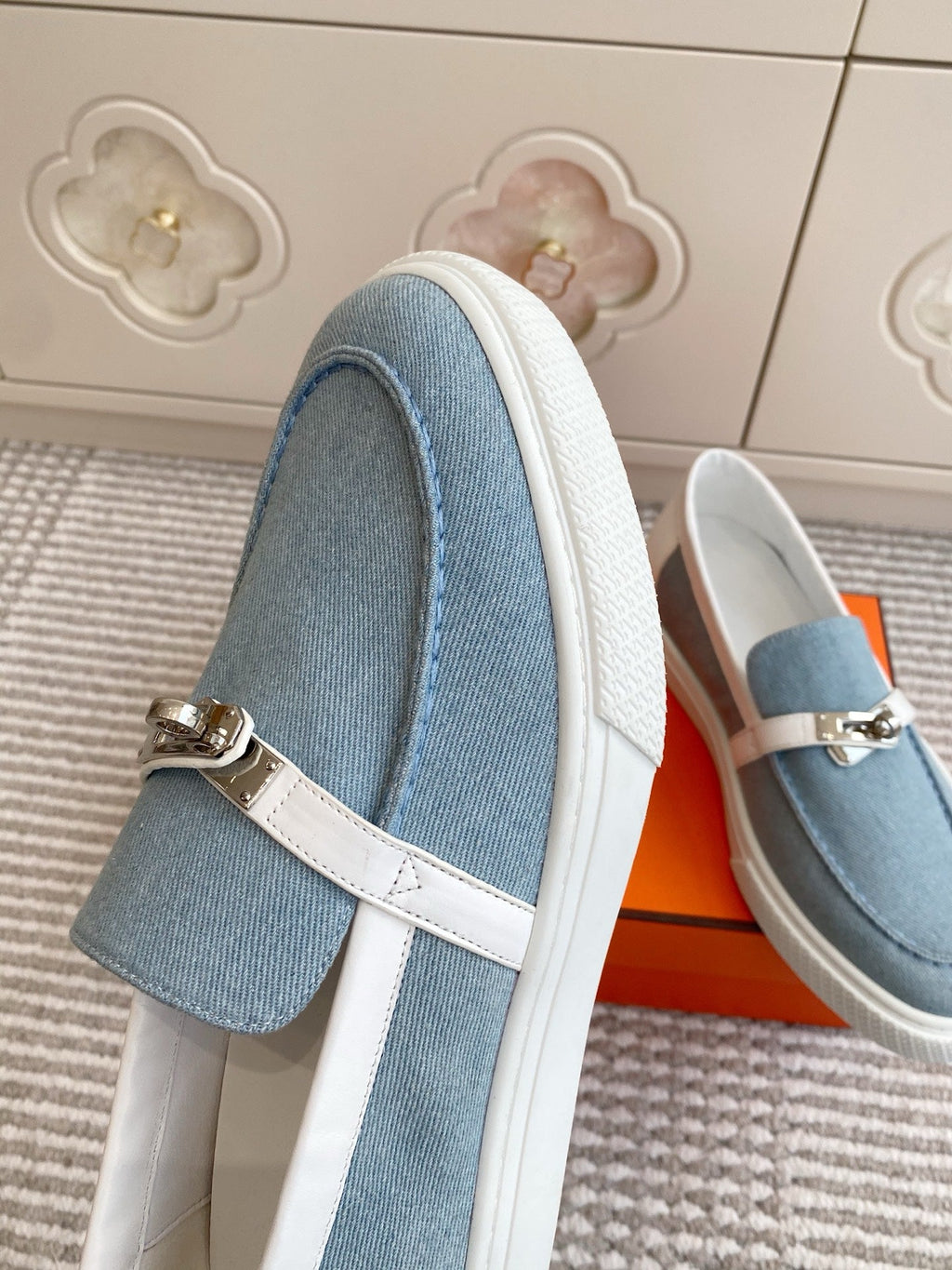 HERMES 25S SLIP-ON IN SKY BLUE CANVAS WITH SILVER HARDWARE