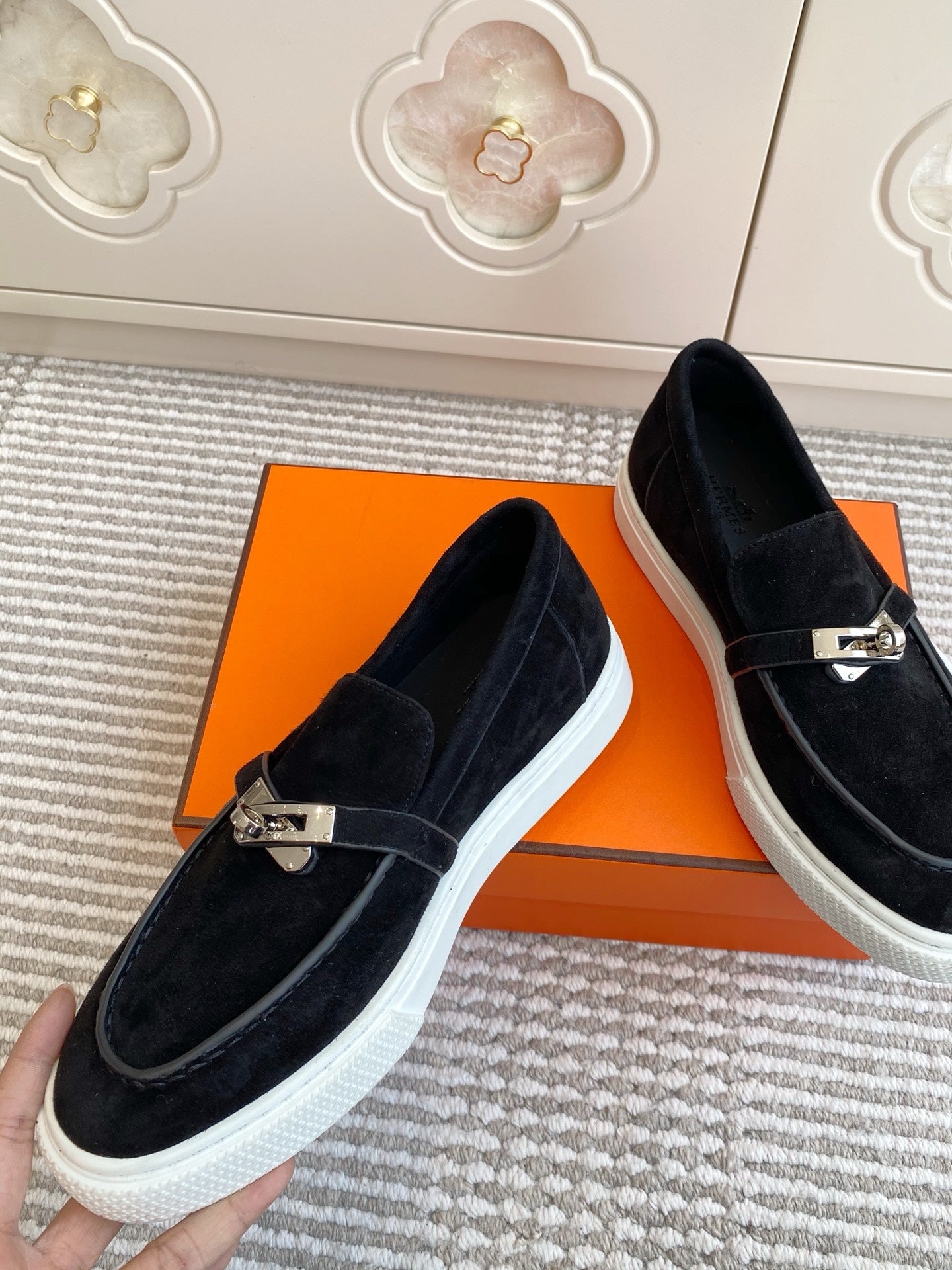 HERMES 25S SLIP-ON IN BLACK SUEDE WITH SILVER HARDWARE