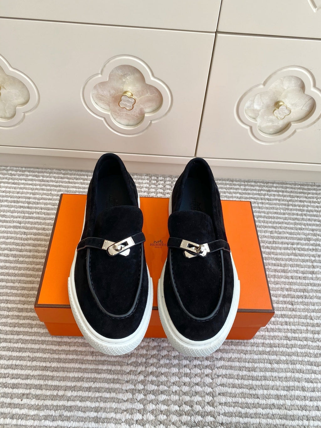 HERMES 25S SLIP-ON IN BLACK SUEDE WITH SILVER HARDWARE