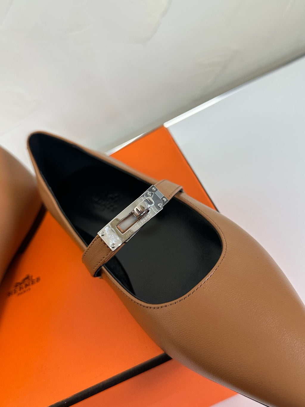 HERMES KIARA FLAT PUMP IN SEPIA BROWN CALFSKIN