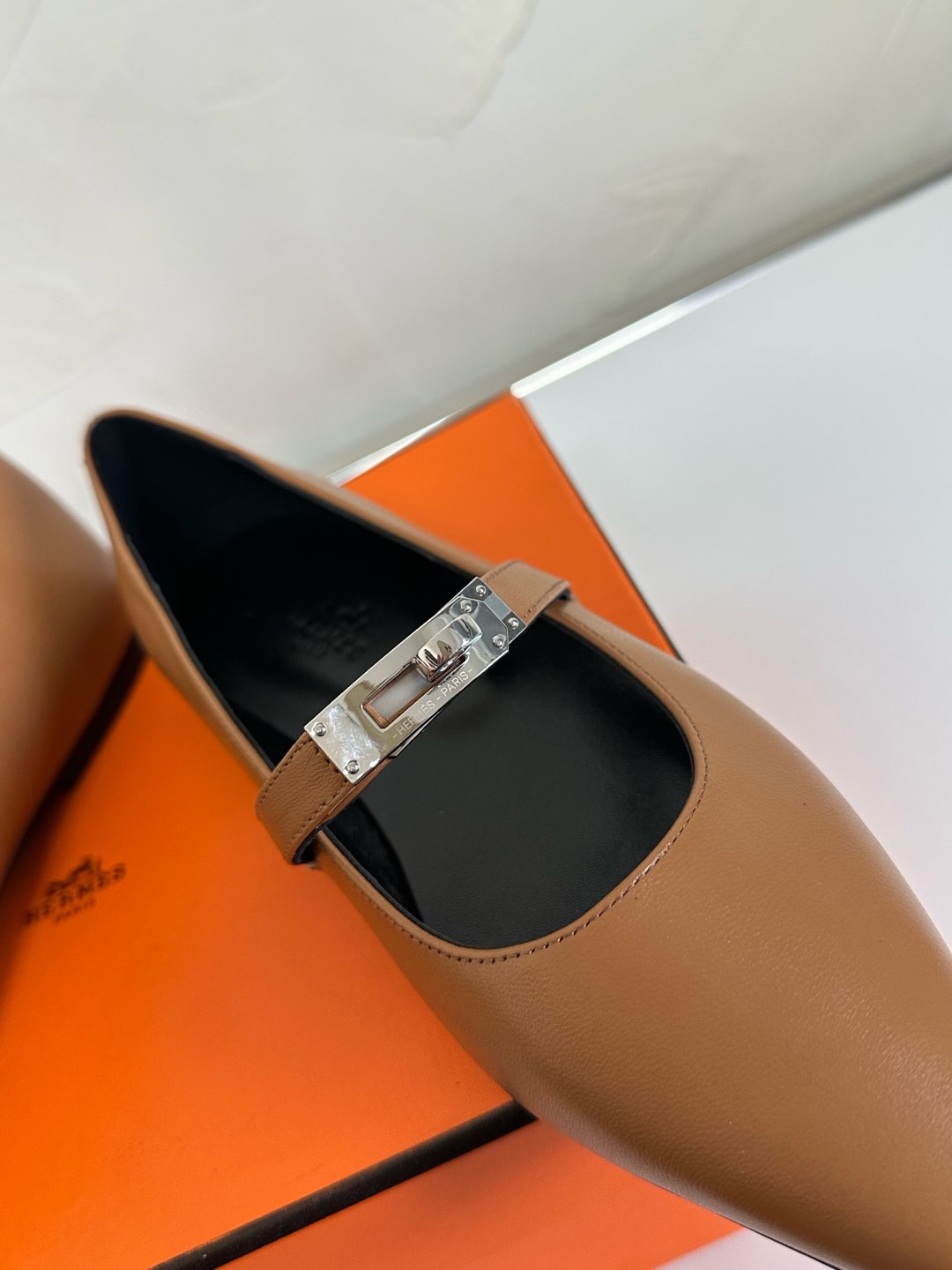 HERMES KIARA FLAT PUMP IN SEPIA BROWN CALFSKIN