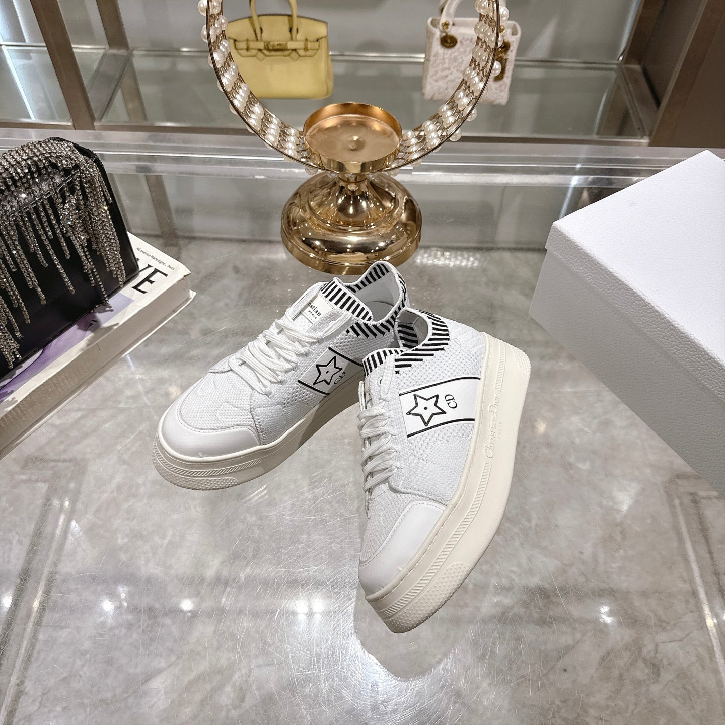 DIOR CD STAR SNEAKER 4CM IN WHITE MESH FABRIC BLACK STRIPE COLLAR DETAIL
