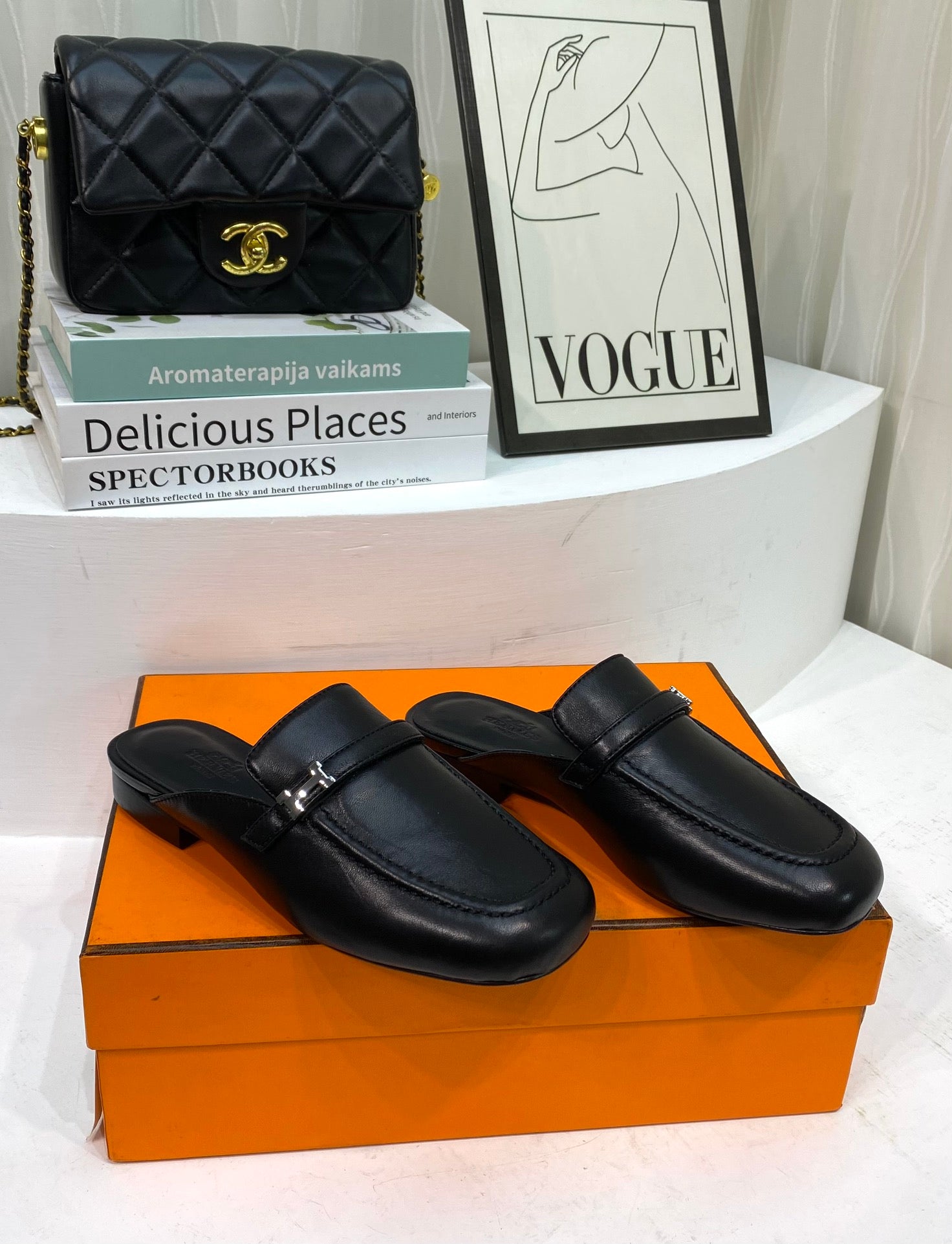 HERMES IENA MULE BLACK CALFSKIN
