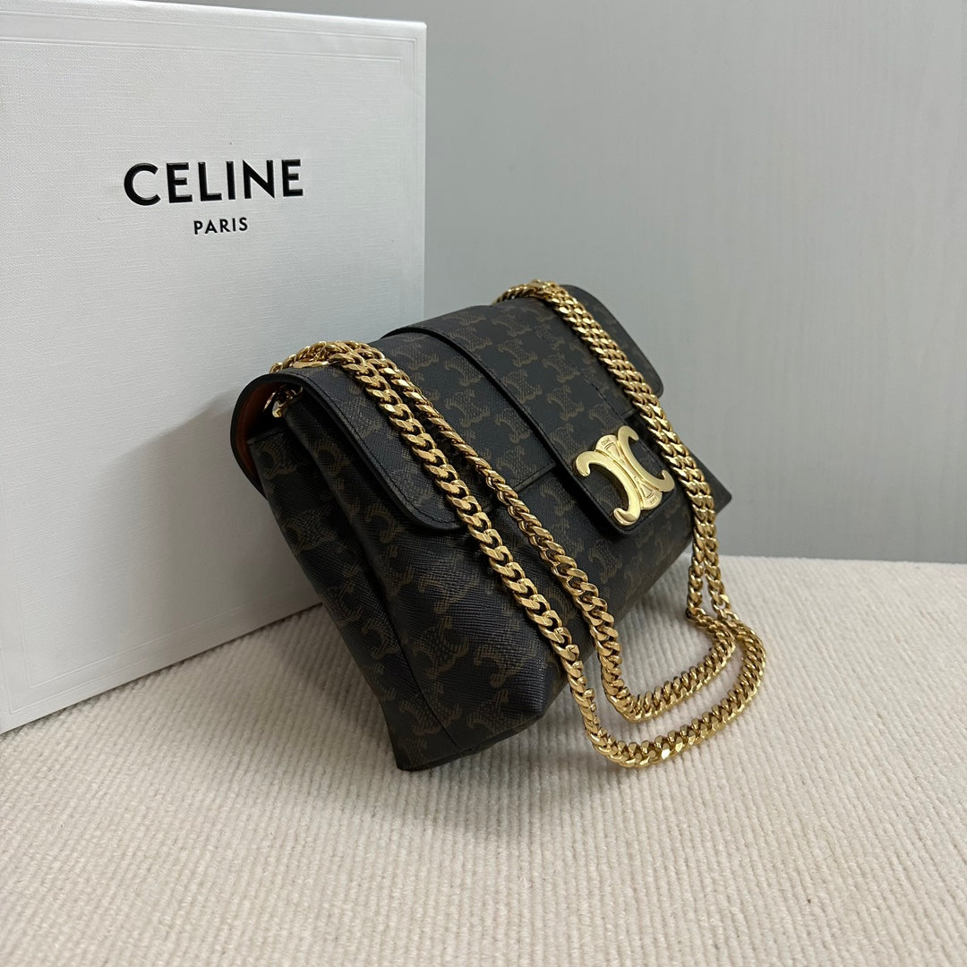 CELINE MEDIUM VICTOIRE BAG 25 IN BLACK TRIOMPHE CANVAS GOLD HARDWARE