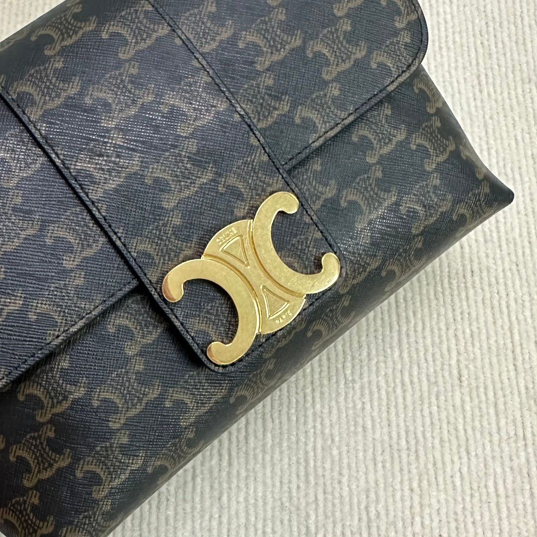CELINE MEDIUM VICTOIRE BAG 25 IN BLACK TRIOMPHE CANVAS GOLD HARDWARE