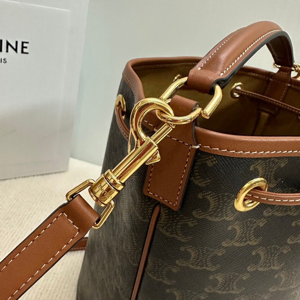 CELINE CLARA BAG 24 IN BLACK TRIOMPHE CANVAS AND BROWN CALFSKIN TRIM