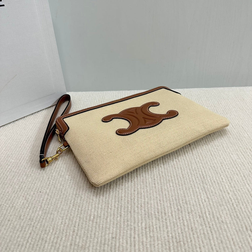 CELINE SMALL POUCH 25 IN BEIGE CANVAS AND BROWN CALFSKIN