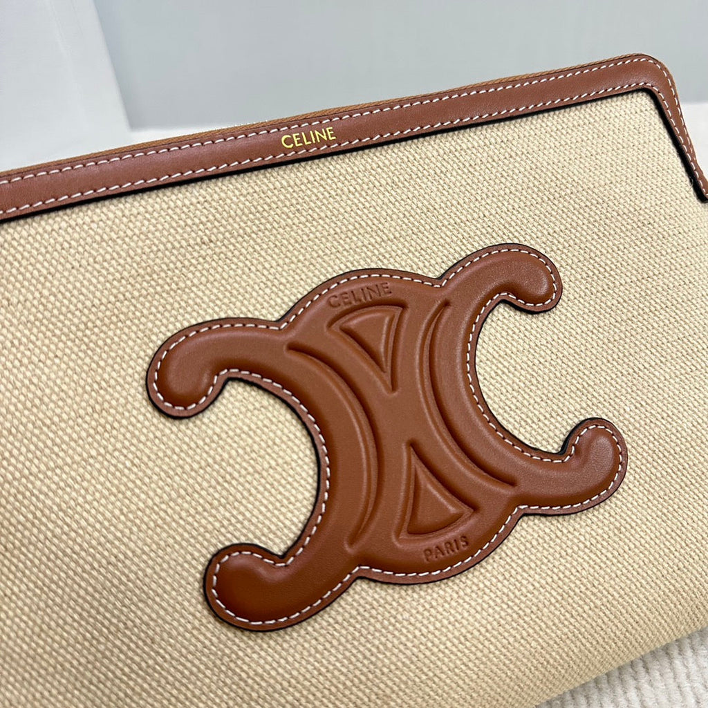 CELINE SMALL POUCH 25 IN BEIGE CANVAS AND BROWN CALFSKIN