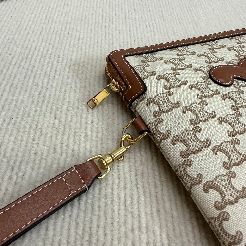 CELINE SMALL POUCH 25 IN BEIGE TRIOMPHE TEXTILE AND BROWN CALFSKIN