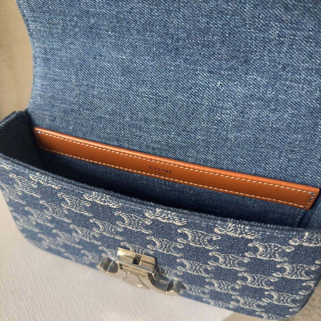 CELINE CHAIN SHOULDER BAG CLAUDE 20 IN BAYOUX BLUE TRIOMPHE DENIM SILVER HARDWARE