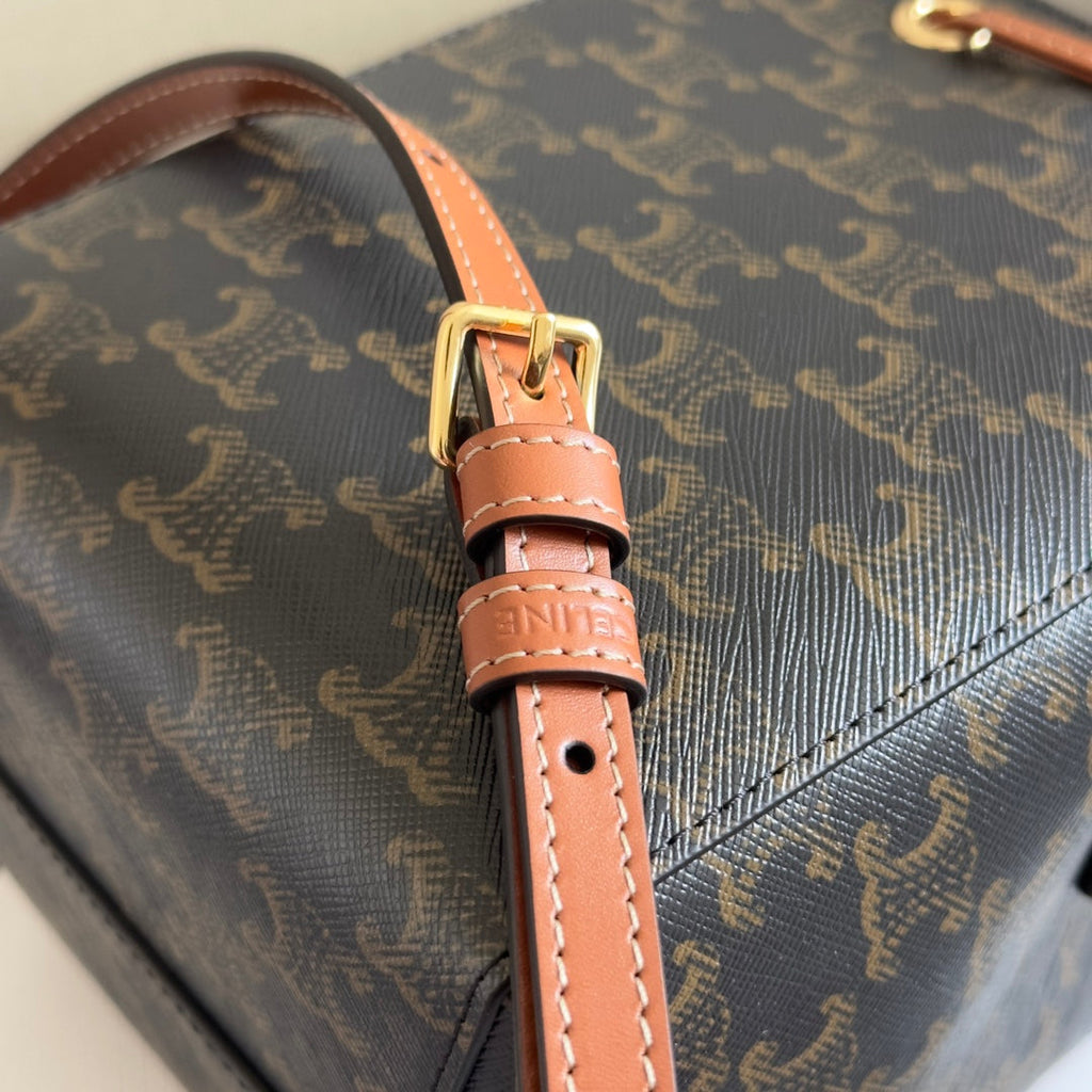 CELINE MICRO SAILOR 17 IN BLACK TRIOMPHE CANVAS AND BROWN CALFSKIN TRIM