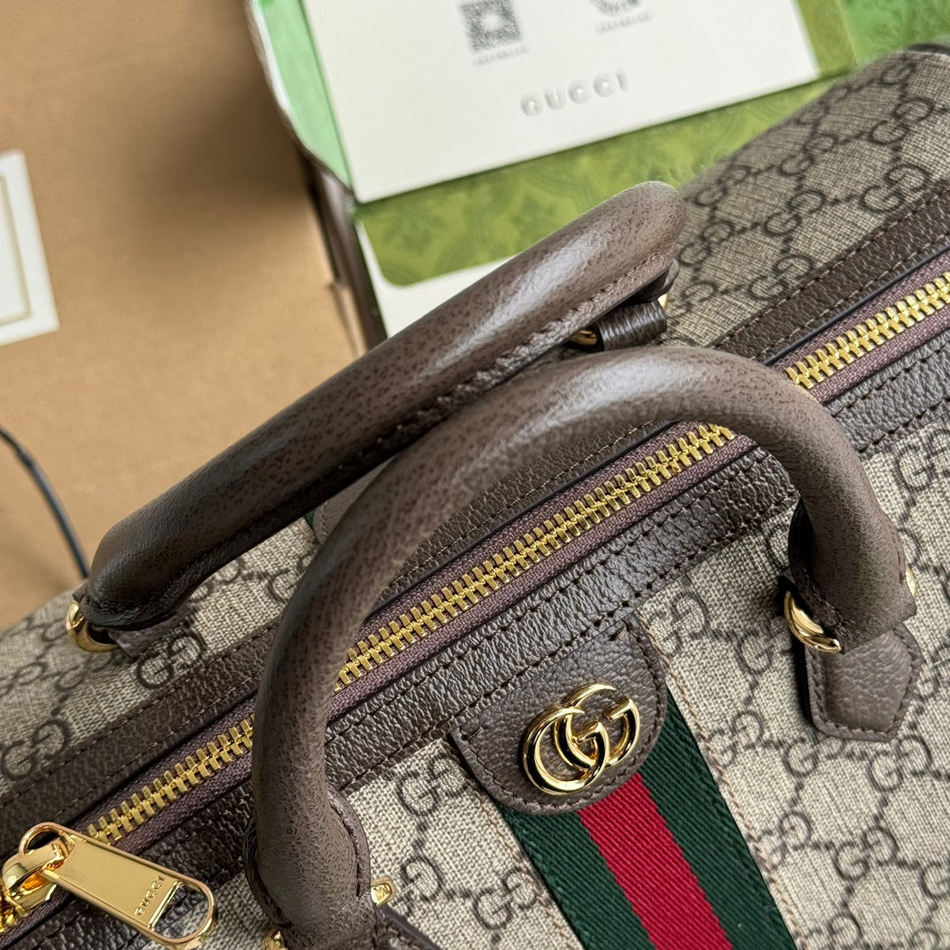 GUCCI OPHIDIA LARGE BOSTON BAG 31 IN BEIGE EBONY  BROWN CALFSKIN TRIM