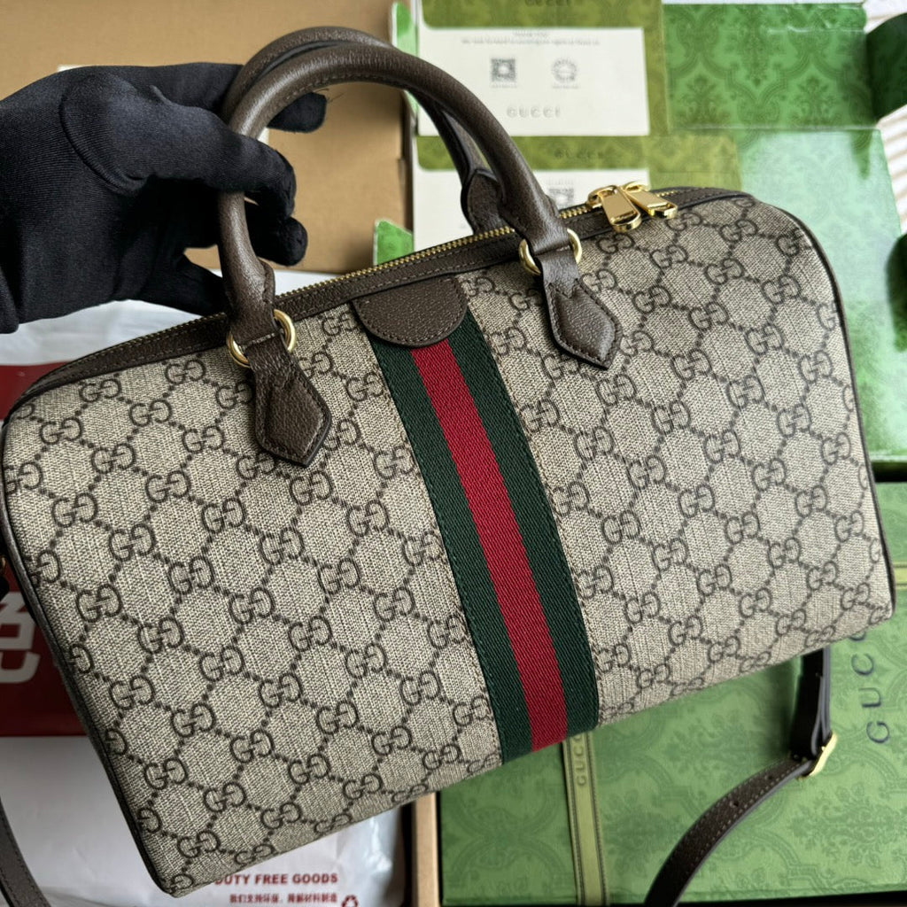 GUCCI OPHIDIA LARGE BOSTON BAG 31 IN BEIGE EBONY  BROWN CALFSKIN TRIM
