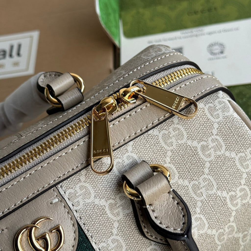 GUCCI OPHIDIA SMALL TOP HANDLE BAG 26 IN BEIGE WHITE CANVAS AND OAT CALFSKIN TRIM GOLD HARDWARE