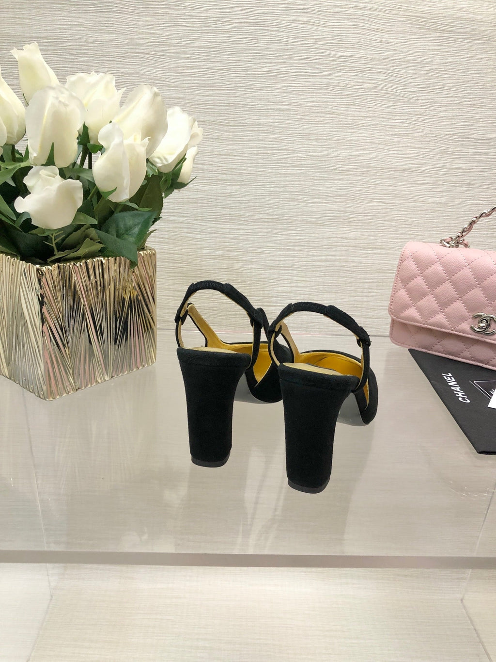 CHANEL HIGH SLINGBACKS IN BLACK SUEDE AND GOLDEN LAMBSKIN