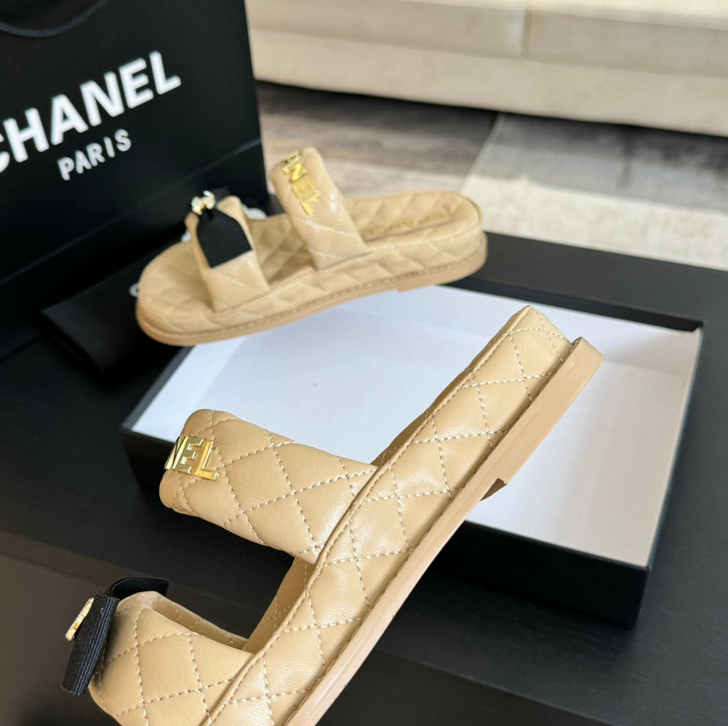 CHANEL Mule Sandals Lambskin Beige Cream