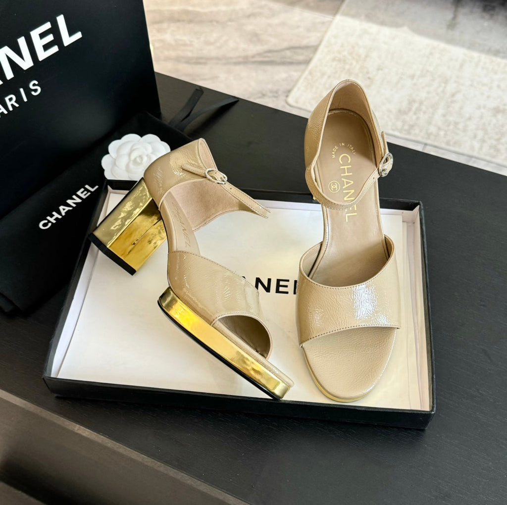 CHANEL Platform Peep-Toe Sandals Beige Cream Lambskin