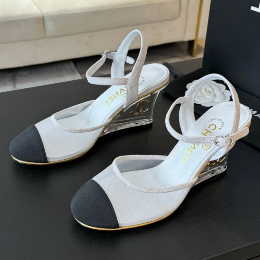 CHANEL Waterproof Platform High Heels Transparent Heel Mesh White