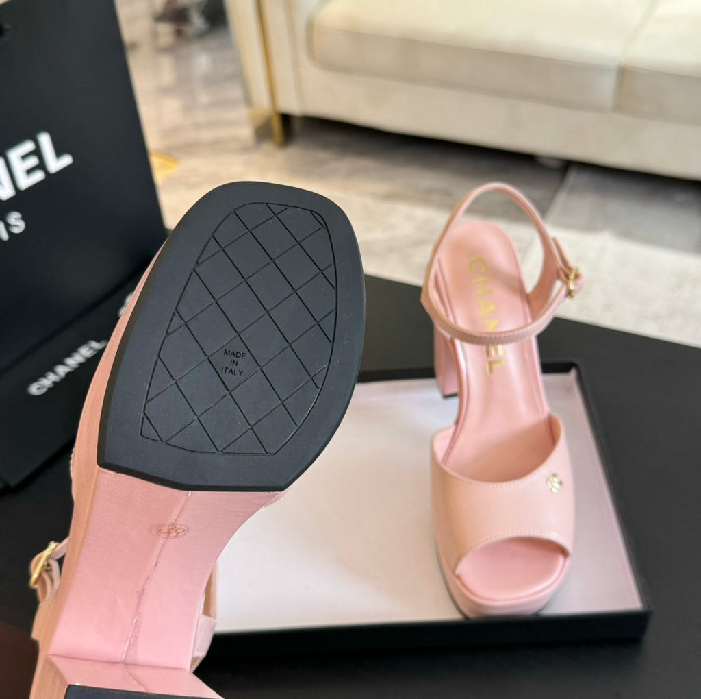 CHANEL HIGH HEEL PLATFORM SANDALS IN PEACH PINK CALFSKIN