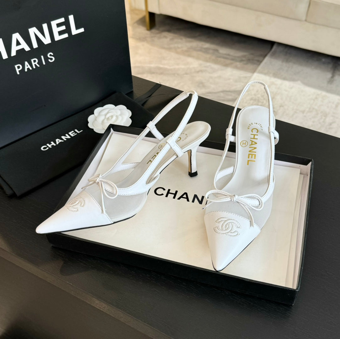 CHANEL MESH LOGO SLINGBACKS IN WHITE LAMBSKIN