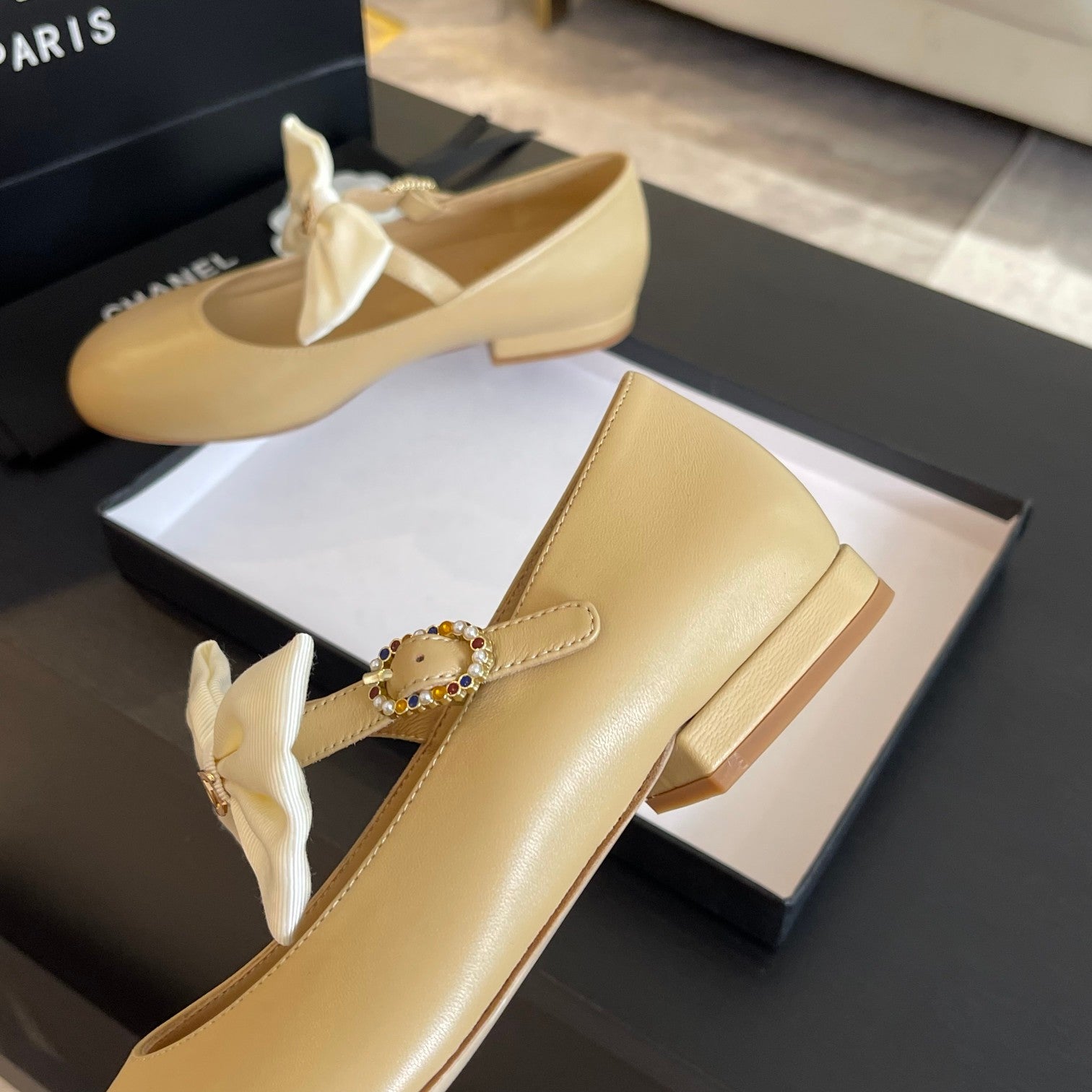 CHANEL BALLET FLAT DARK CREAM LAMBSKIN WITH WHITE BOW
