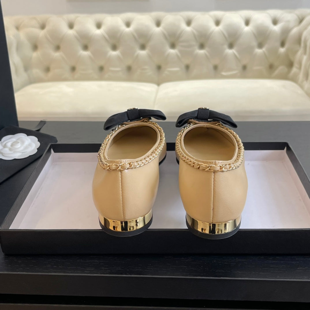 CHANEL BALLET FLAT BEIGE CREAM CALFSKIN AND FABRIC
