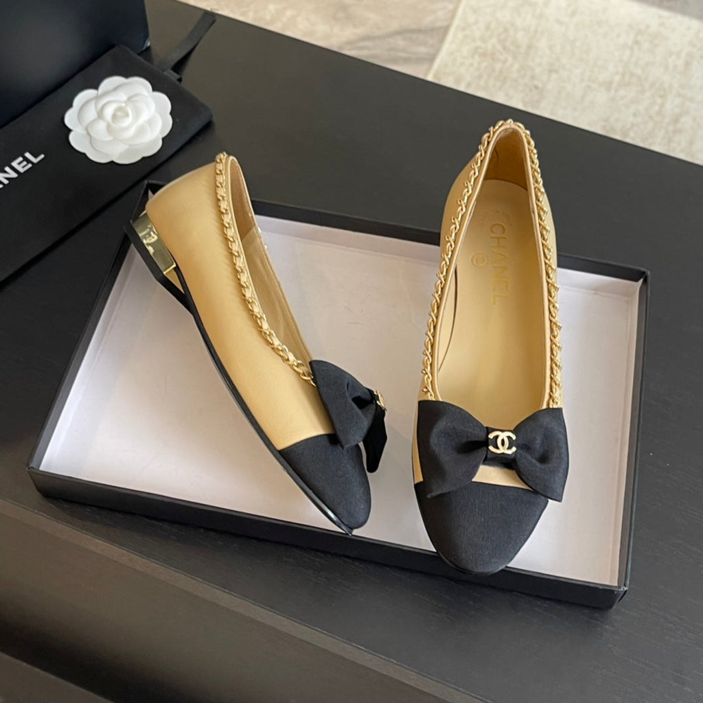 CHANEL BALLET FLAT BEIGE CREAM CALFSKIN AND FABRIC