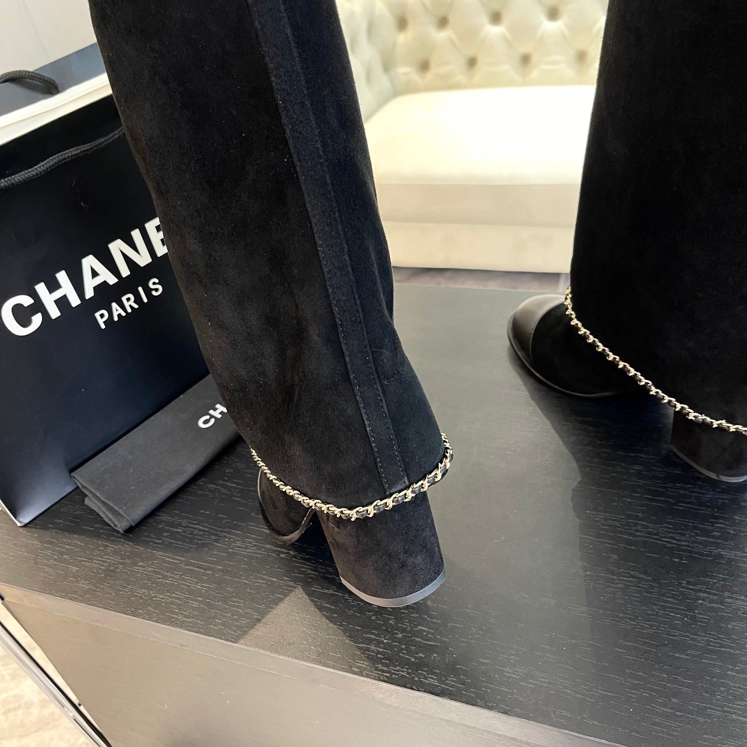 CHANEL HIGH BOOTS 6.5 CM IN BLACK SUEDE AND CALFSKIN