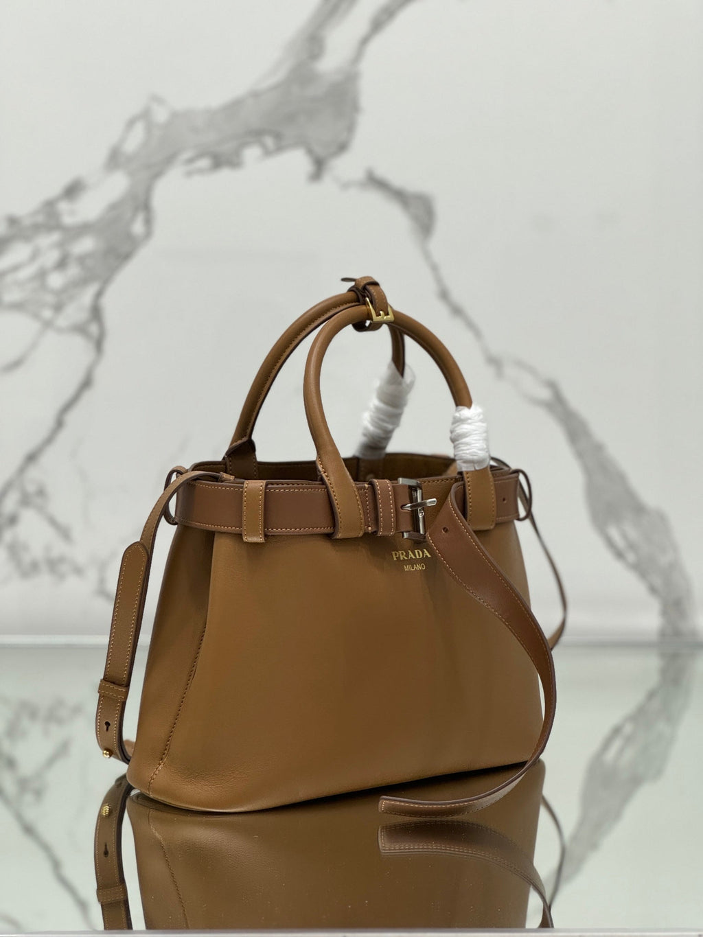 PRADA TOTE BAG WITH BELT 32 IN CIDER BROWN IMPORTED CALFSKIN