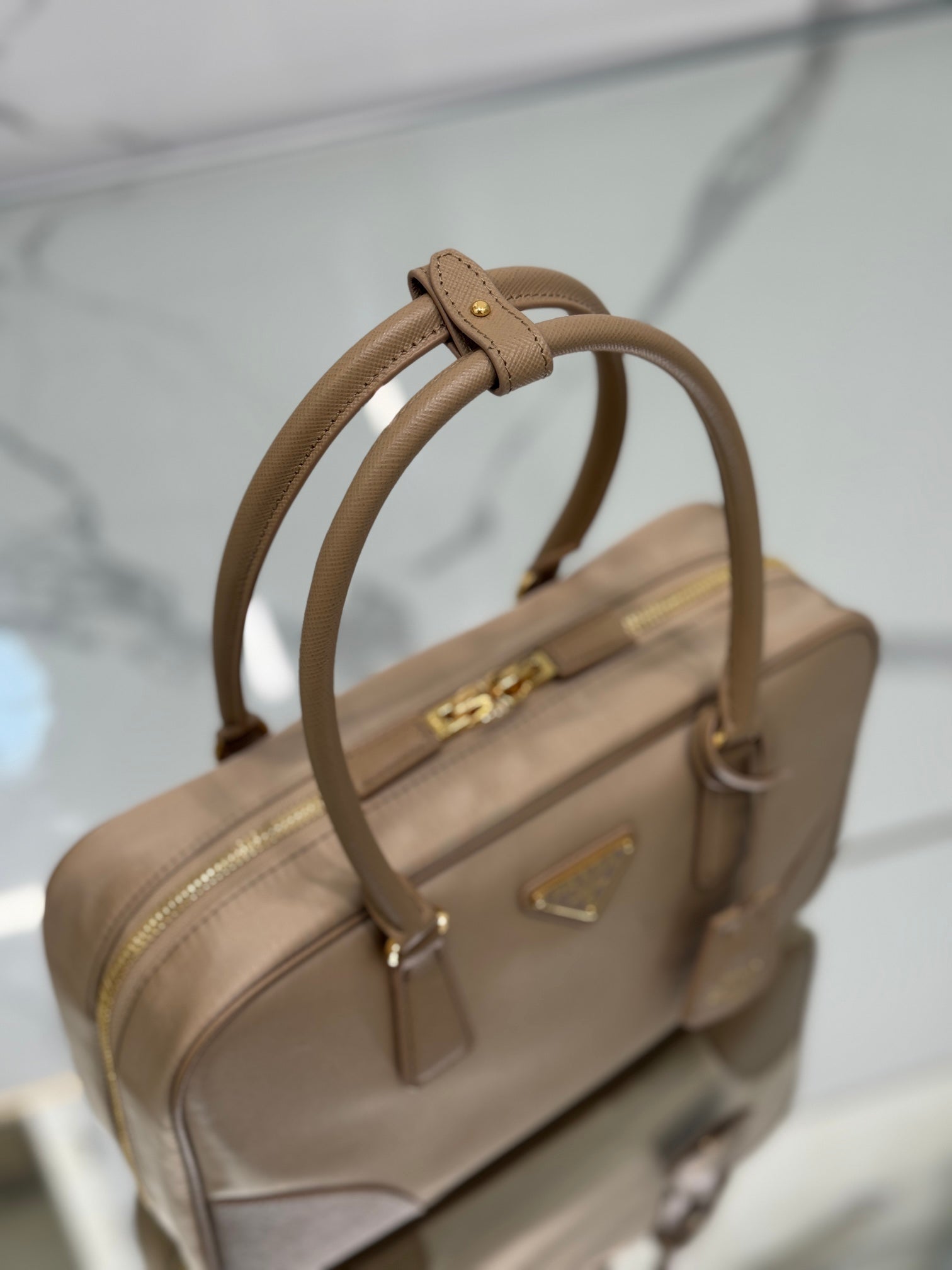 PRADA MEDIUM TOP HANDLE BAG 30 IN DRIED MOSS NYLON AND CALFSKIN TRIM