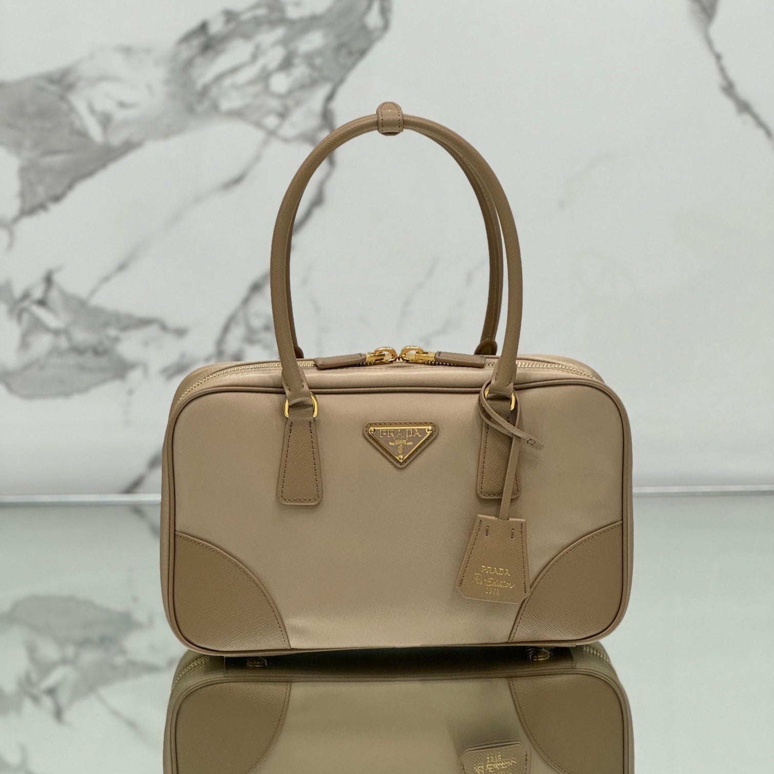PRADA LARGE TOP HANDLE BAG 35 IN DRIED MOSS NYLON AND CALFSKIN TRIM