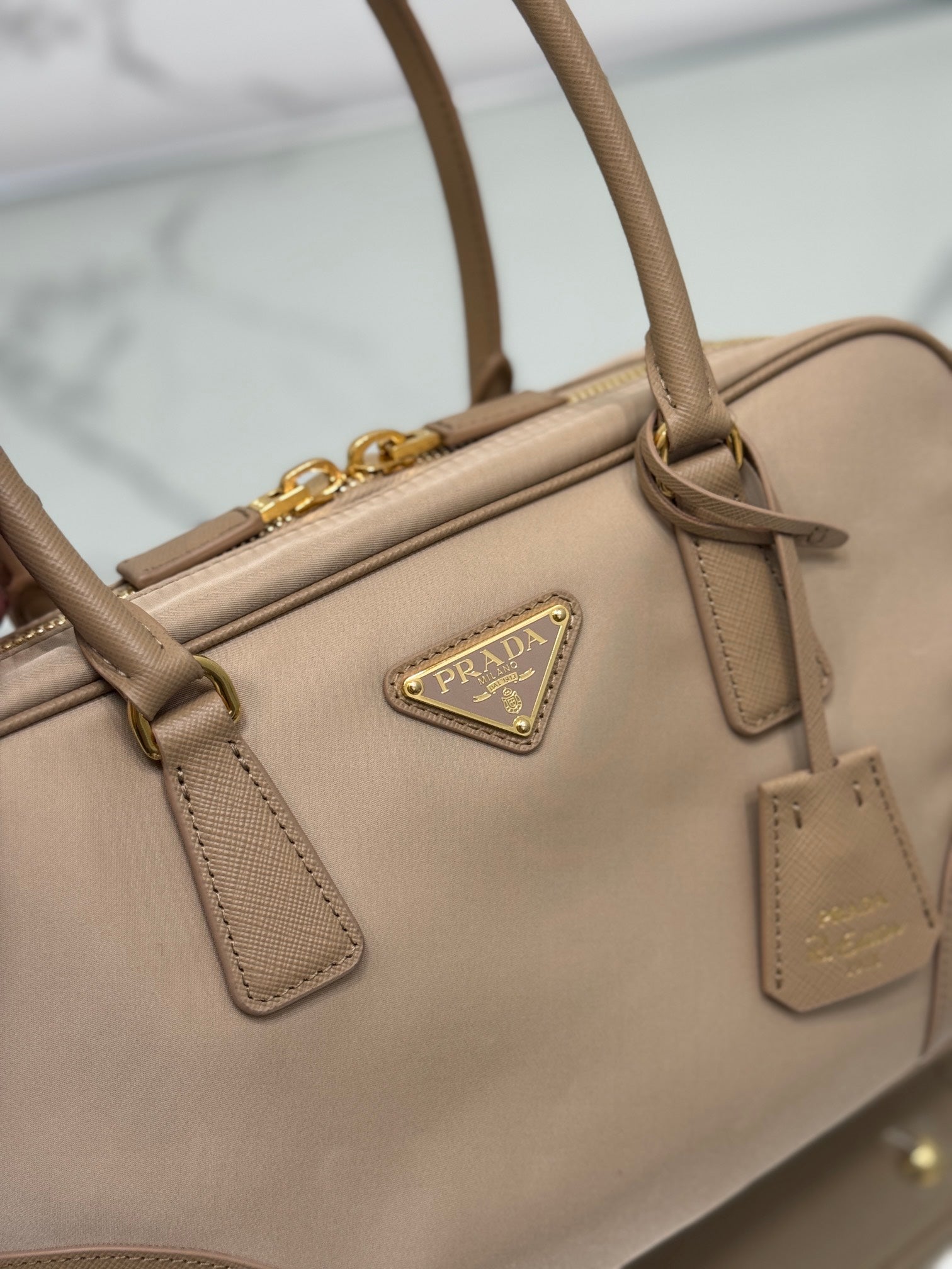 PRADA MEDIUM TOP HANDLE BAG 30 IN DRIED MOSS NYLON AND CALFSKIN TRIM