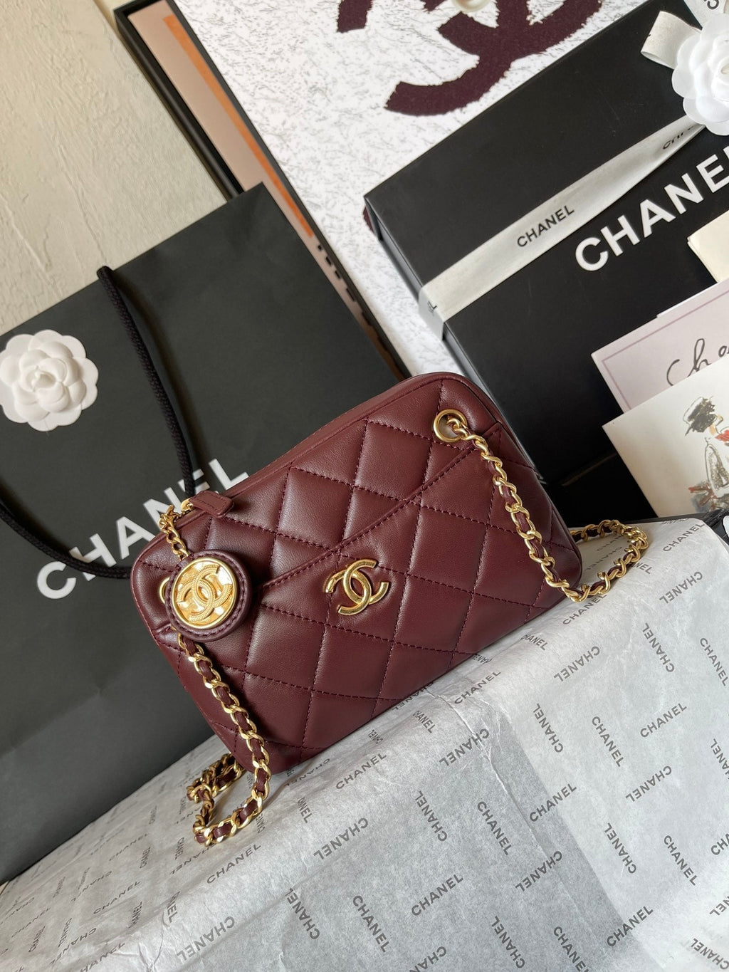 CHANEL CAMERA BAG 18 IN BUANEER RED QUILTED LAMBSKIN DOUBLE C GOLD COIN