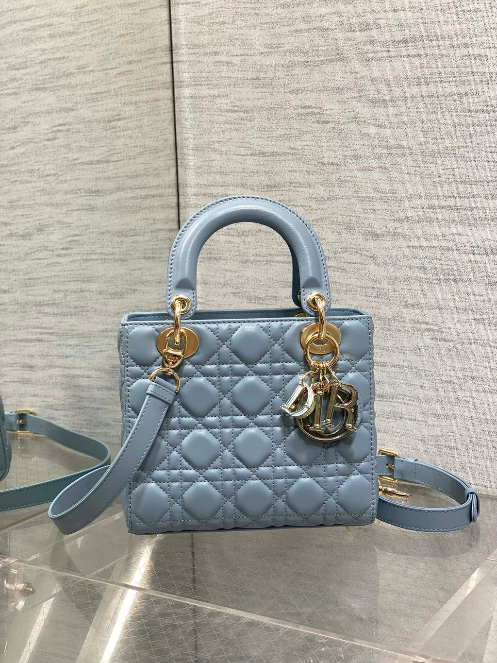 DIOR LADY MINI BAG 20 IN CERULEAN BLUE LAMBSKIN