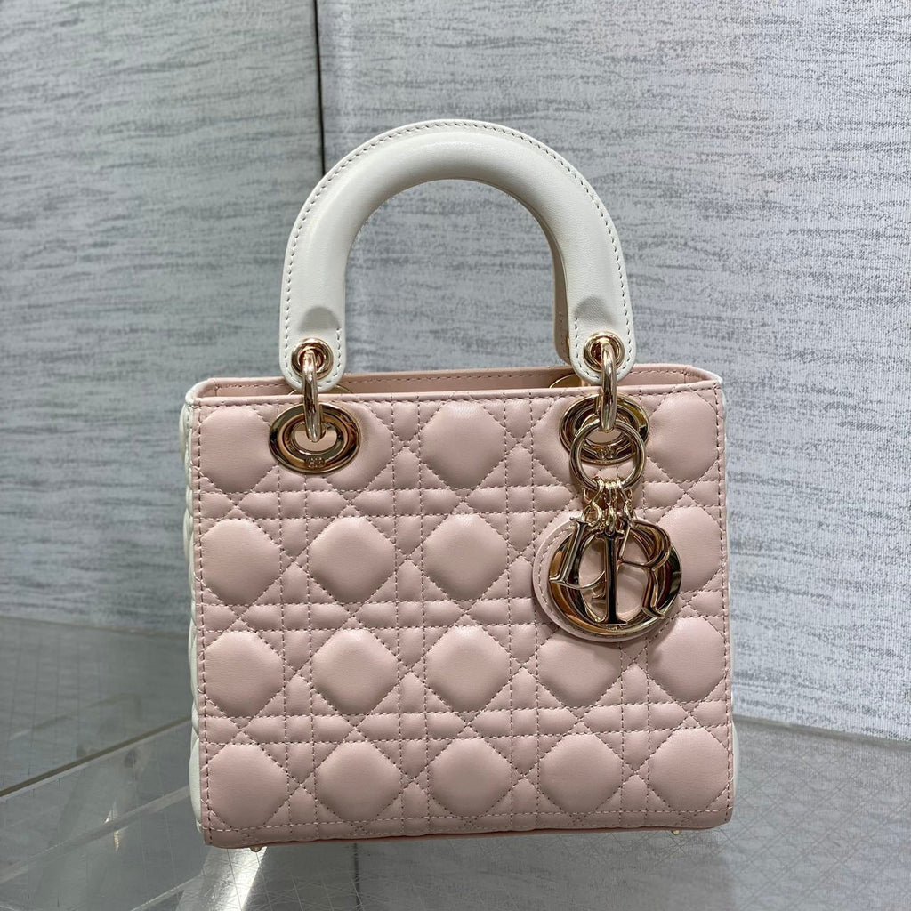 DIOR MEDIUM LADY BAG 20 IN BABY PINK QUILTED MACROCANNAGE CALFSKIN WHITE STRAP