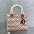 DIOR MEDIUM LADY BAG 20 IN BABY PINK QUILTED MACROCANNAGE CALFSKIN WHITE STRAP