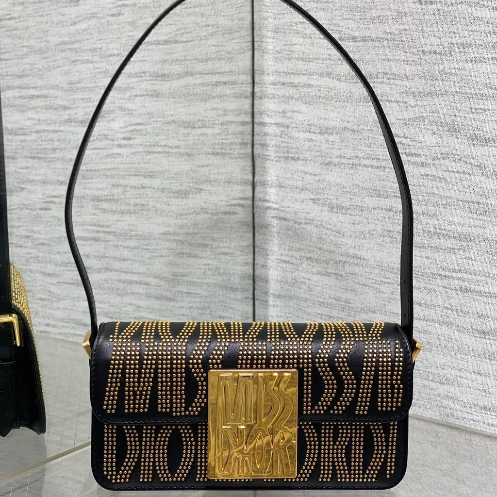 DIOR MINI FLAP BAG 18 IN BLACK LAMBSKIN WITH GOLD RHINSTONES