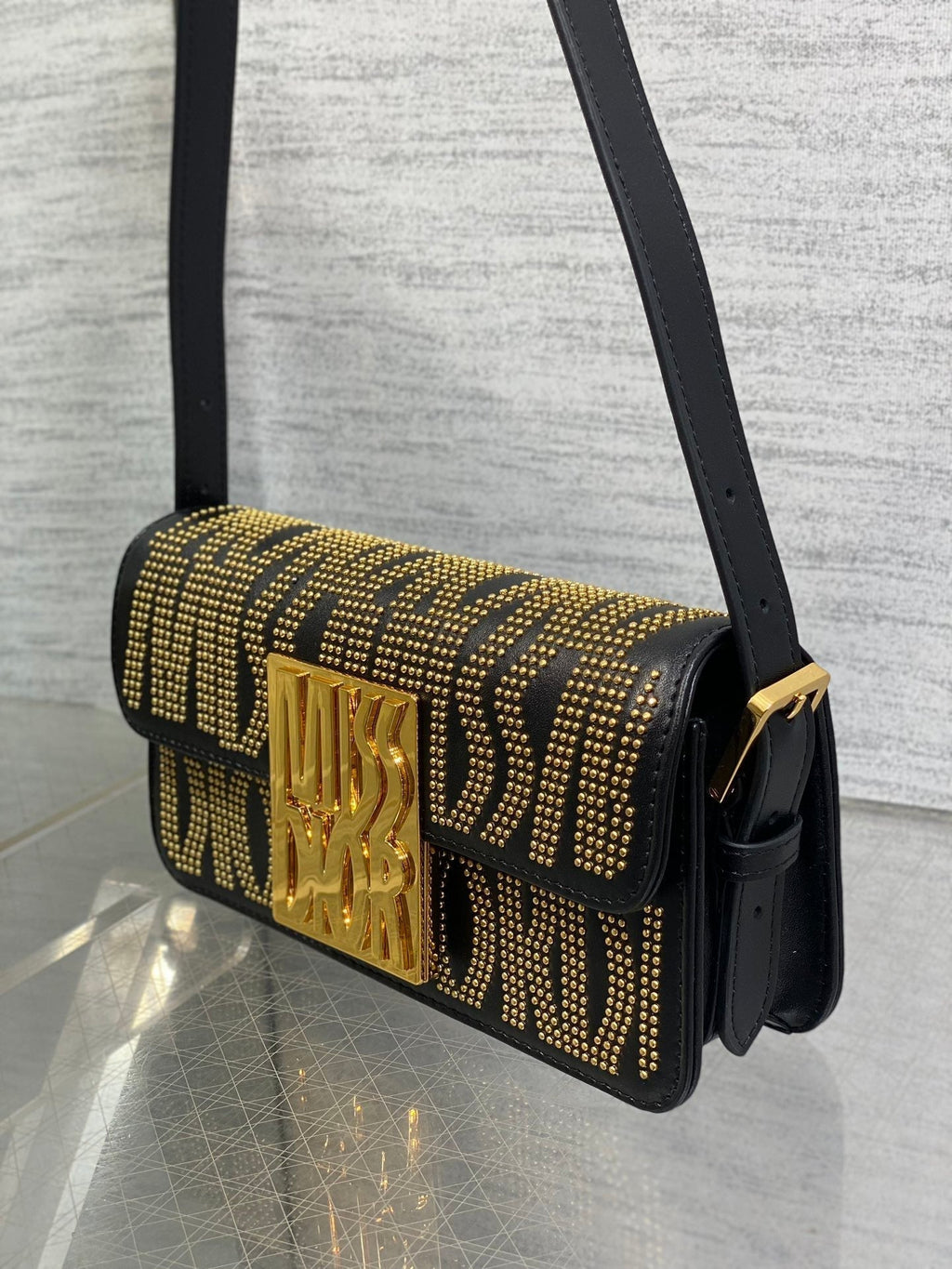 DIOR MINI FLAP BAG 18 IN BLACK LAMBSKIN WITH GOLD RHINSTONES