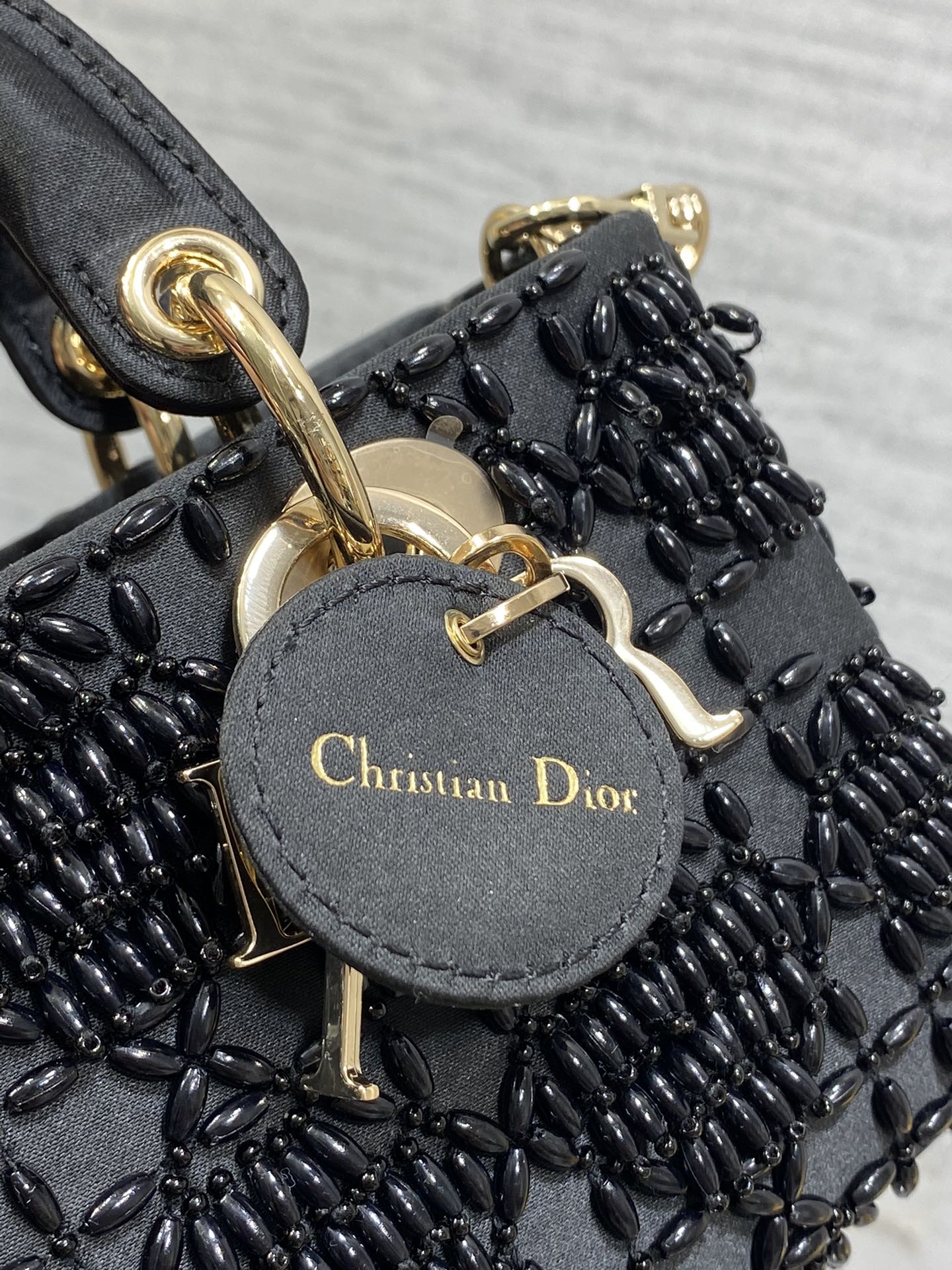 DIOR MINI LADY BAG 16 IN BLACK SATIN AND CALFSKIN WITH BEADED DESIGN